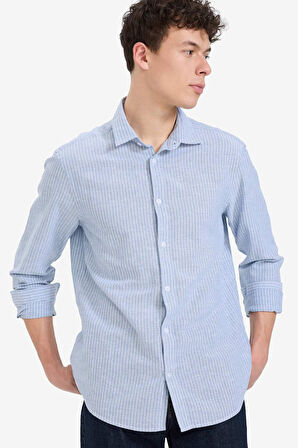 Regular Fit Polo Yaka Keten Yazlık Uzun Kollu Gömlek