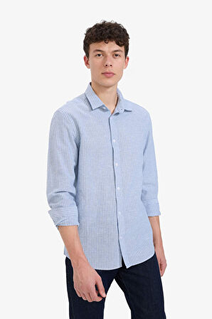 Regular Fit Polo Yaka Keten Yazlık Uzun Kollu Gömlek