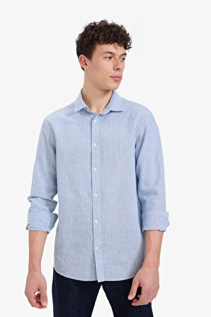 Regular Fit Polo Yaka Keten Yazlık Uzun Kollu Gömlek