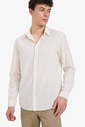 DeFacto Regular Fit Polo Yaka Çizgili Keten Yazlık Uzun Kollu Gömlek E1730AX25SPER77