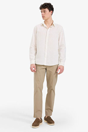 DeFacto Regular Fit Polo Yaka Çizgili Keten Yazlık Uzun Kollu Gömlek E1730AX25SPER77