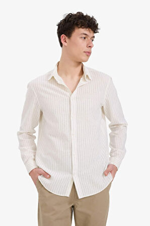 DeFacto Regular Fit Polo Yaka Çizgili Keten Yazlık Uzun Kollu Gömlek E1730AX25SPER77