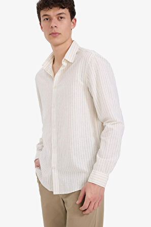 DeFacto Regular Fit Polo Yaka Çizgili Keten Yazlık Uzun Kollu Gömlek E1730AX25SPER77