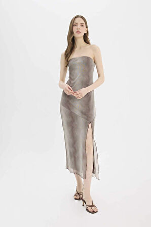 DeFacto A Kesim Straplez Desenli Tül Yırtmaçlı Maxi Abiye Elbise E0485AX25SMBN323