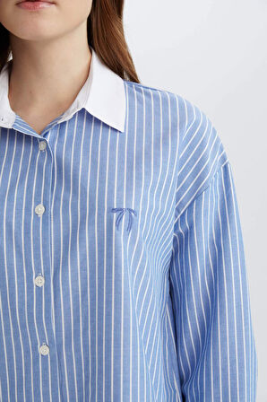 DeFacto Relax Fit Çizgili Poplin Uzun Kollu Gömlek Tunik E1756AX25SPBE316