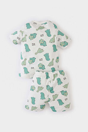 Erkek Bebek Pijama Takımı Dinazor Baskılı Kısa Kollu Penye Üst Beli Lastikli Şort