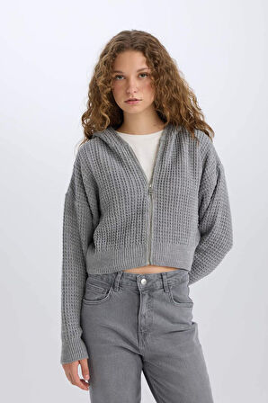 DeFacto Regular Fit Kapüşonlu Fermuarlı Triko Hırka E2269AXNSGR90