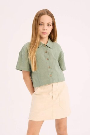 DeFacto %100 Pamuk Cropped Fit Keten Kısa Kollu Gömlek Kız Çocuk D9143A825SMGN1107