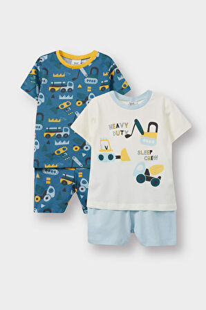 Erkek Bebek 4'lü Pijama Takımı Araç Baskılı Kısa Kollu Penye Üst Şort