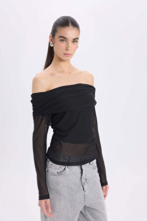 Yılbaşı Temalı Slim Fit Dar Kesim Omuzu Açık Tül Uzun Kollu Tişört