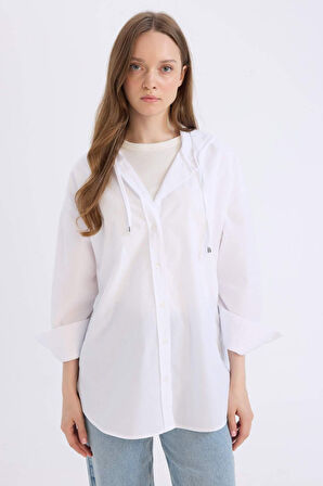 DeFacto Relax Fit Kapüşonlu Basic Düz Poplin Uzun Kollu Beyaz Tesettür Gömlek Tunik E1262AX25SPWT36