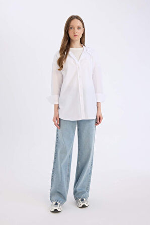 DeFacto Relax Fit Kapüşonlu Basic Düz Poplin Uzun Kollu Beyaz Tesettür Gömlek Tunik E1262AX25SPWT36