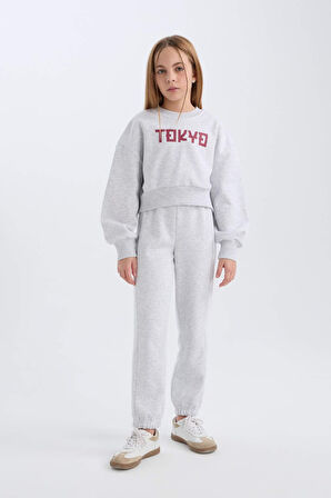 DeFacto Kız Çocuk 2'li Takım Baskılı Sweatshirt Üst Beli Lastikli Jogger Eşofman Altı D4867A824WNGR421