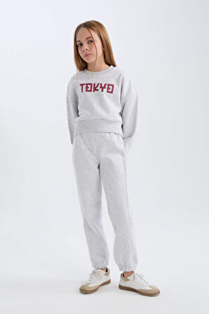 DeFacto Kız Çocuk 2'li Takım Baskılı Sweatshirt Üst Beli Lastikli Jogger Eşofman Altı D4867A824WNGR421