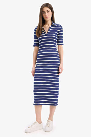 Bodycon Vücudu Saran Polo Yaka Çizgili Fitilli Kaşkorse Kısa Kollu Midi Elbise