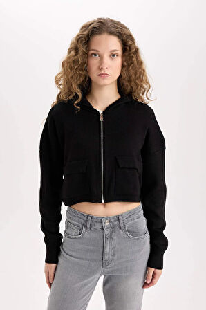 DeFacto Regular Fit Kapüşonlu Basic Düz Fermuarlı Triko Hırka E2270AXNSBK81