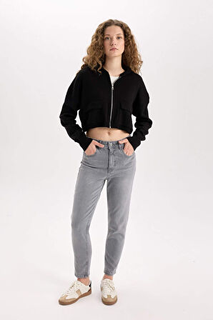 DeFacto Regular Fit Kapüşonlu Basic Düz Fermuarlı Triko Hırka E2270AXNSBK81