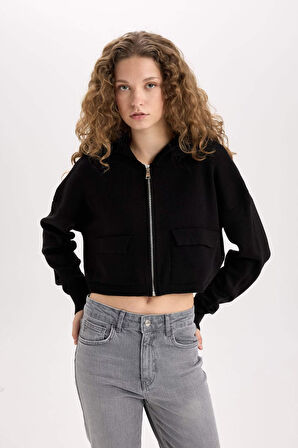 DeFacto Regular Fit Kapüşonlu Basic Düz Fermuarlı Triko Hırka E2270AXNSBK81