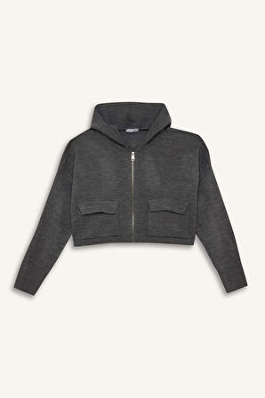 DeFacto Regular Fit Kapüşonlu Basic Düz Fermuarlı Triko Hırka E2270AXNSGR105