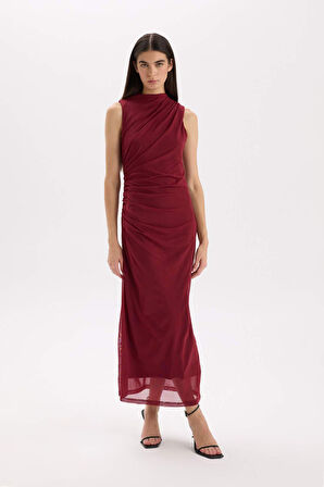 DeFacto Bodycon Vücudu Saran Yarım Balıkçı Yaka Basic Düz Tül Kolsuz Maxi Elbise C3519AX24AUBR248