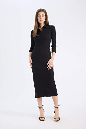 Bodycon Vücudu Saran Polo Yaka Fitilli Kaşkorse Kısa Kollu Midi Elbise