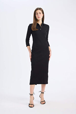 DeFacto Bodycon Vücudu Saran Polo Yaka Basic Düz Fitilli Kaşkorse Yarım Kollu Midi Elbise E2245AX25SPBK81