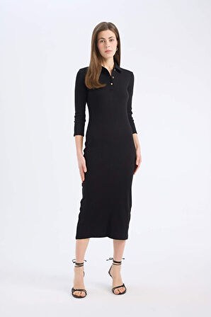 DeFacto Bodycon Vücudu Saran Polo Yaka Basic Düz Fitilli Kaşkorse Yarım Kollu Midi Elbise E2245AX25SPBK81