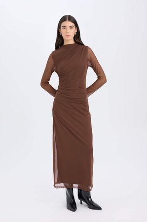 DeFacto Bodycon Vücudu Saran Yarım Balıkçı Yaka Tül Uzun Kollu Maxı Elbise E3548AX24WNBN167