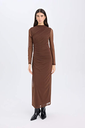 DeFacto Bodycon Vücudu Saran Yarım Balıkçı Yaka Tül Uzun Kollu Maxi Elbise E3548AX24WNBN167