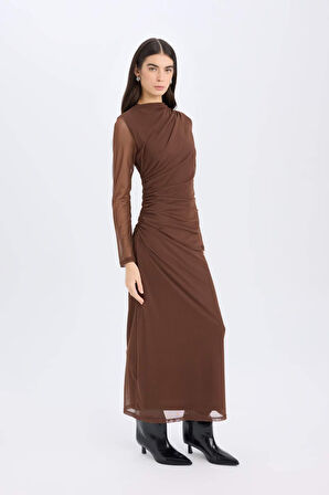 DeFacto Bodycon Vücudu Saran Yarım Balıkçı Yaka Tül Uzun Kollu Maxi Elbise E3548AX24WNBN167