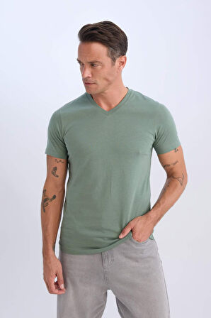 New Regular Fit V Yaka Basic Düz Kısa Kollu Tişört