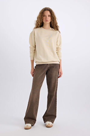  Oversize Geniş Kalıp Bisiklet Yaka Basic Düz Kalın Sweatshirt