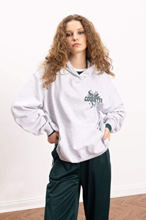 DeFacto Coool Oversize Geniş Kalıp Kapüşonlu Baskılı Kalın Sweatshirt E1530AX24WNGR210