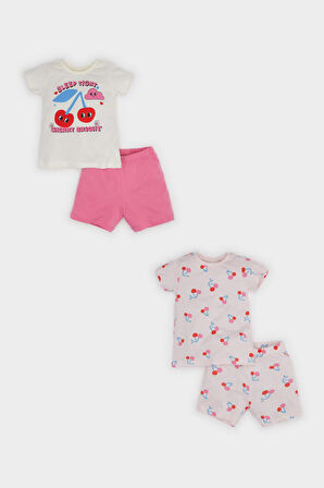 Kız Bebek 4'lü Pijama Takımı Desenli Kısa Kollu Penye Üst Beli Lastikli Şort