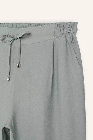 Jogger Pantolon Keten Görünümlü Cepli Yüksek Bel Düz Paça