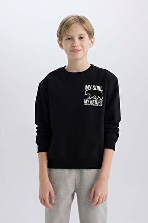 DeFacto Erkek Çocuk Bisiklet Yaka Sırt Baskılı İçi Yumuşak Tüylü Sweatshirt D6227A824CWBK81