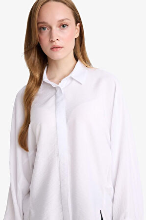 Relax Fit Basic Düz Keten Karışımlı Uzun Kollu Tesettür Gömlek Tunik