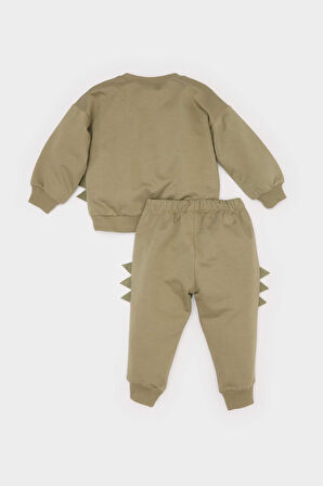 Erkek Bebek 2'li Takım Dinazor Baskılı Sweatshirt Beli Lastikli Eşofman Altı