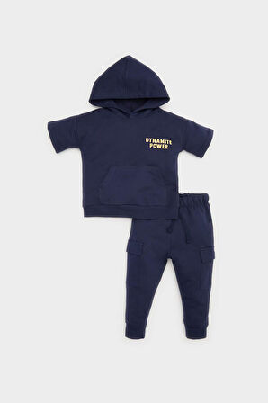 Erkek Bebek 2'li Takım Baskılı Kapüşonlu Kısa Kollu Sweatshirt Eşofman Altı
