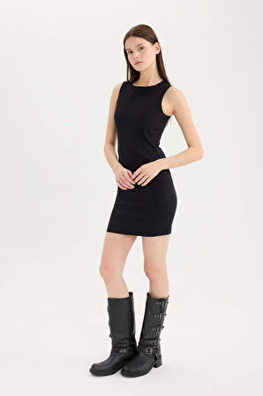 Bodycon Vücudu Saran Bisiklet Yaka Bengalin Kolsuz Mini Elbise