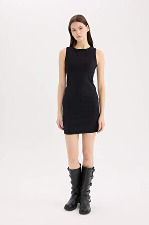 Bodycon Vücudu Saran Bisiklet Yaka Bengalin Kolsuz Mini Elbise