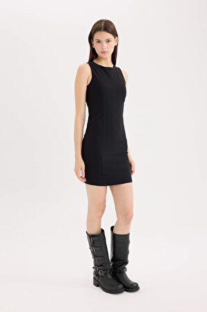 Bodycon Vücudu Saran Bisiklet Yaka Bengalin Kolsuz Mini Elbise