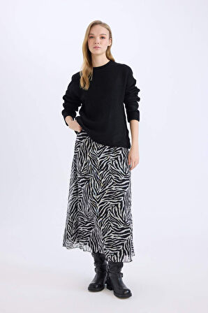 Flare Fit Zebra Desenli Yüksek Bel Tül Maxi Etek