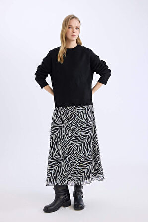Flare Fit Zebra Desenli Yüksek Bel Tül Maxi Etek