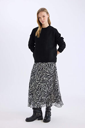 Flare Fit Zebra Desenli Yüksek Bel Tül Maxi Etek