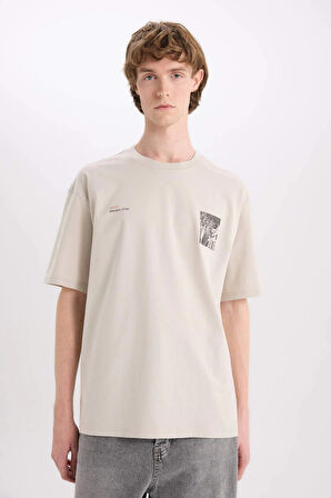 Defacto E4546 Bej %100 Pamuk Boxy Fit Bisiklet Yaka Sırt Baskılı Kısa Kollu Tişört