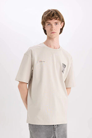 Defacto E4546 Bej %100 Pamuk Boxy Fit Bisiklet Yaka Sırt Baskılı Kısa Kollu Tişört