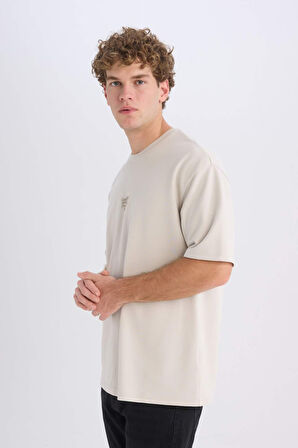 DeFacto Boxy Fit Bisiklet Yaka Ütü Gerektirmeyen Nefes Alabilen Baskılı Kısa Kollu Ağır Kumaş Tişört D5517AX25SPGR503