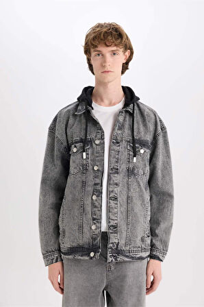 Oversize Geniş Kalıp Kapüşonlu Düğmeli Jean Ceket