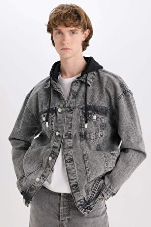 Oversize Geniş Kalıp Kapüşonlu Düğmeli Jean Ceket
